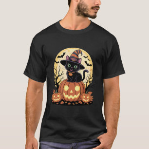 Camiseta Gato preto em chapéu de bruxa sentado em Jack o La