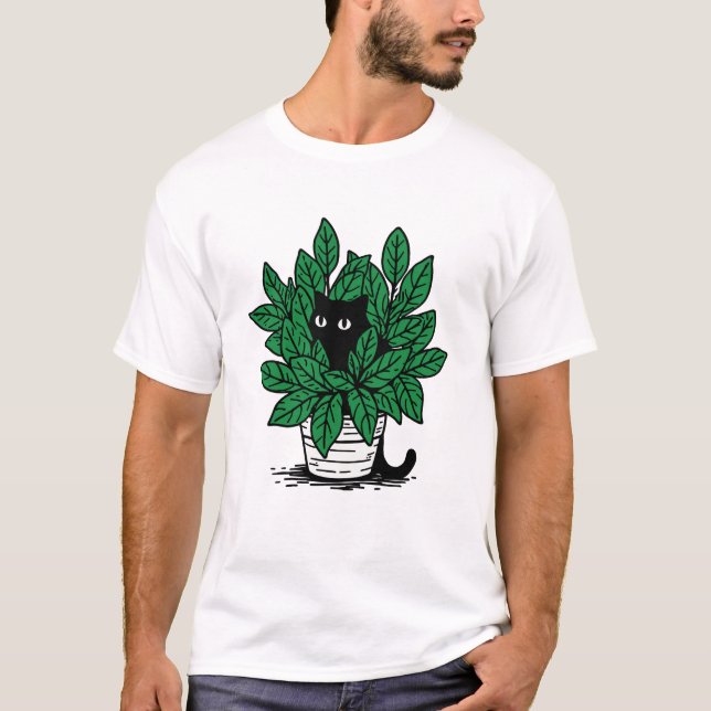 Camiseta Gato Preto em Vaso de Planta (Frente)