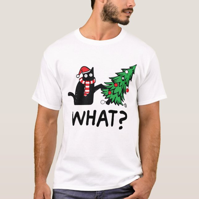 Camiseta Gato Preto Empurrando Árvore De Natal Sobre Gato Q (Frente)
