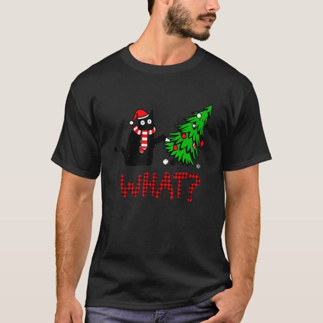 Camiseta Gato Preto Empurrando Árvore De Natal Sobre Gato Q (Frente)