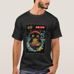 Camiseta Gato Preto Engraçado Comendo Macarrão Japonês Rame