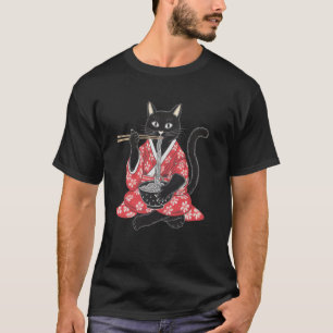 Camiseta Gato Preto Engraçado Comendo Ramen Japonês Vintage
