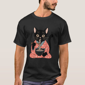 Camiseta Gato Preto Engraçado Comendo Ramen Japonês Vintage