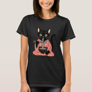 Camiseta Gato Preto Engraçado Comendo Ramen Japonês Vintage
