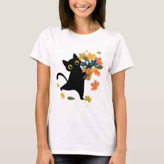Camiseta gato preto engraçado Folha de Outono Olá Outono