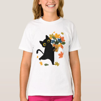Camiseta gato preto engraçado Folha de Outono Olá Outono