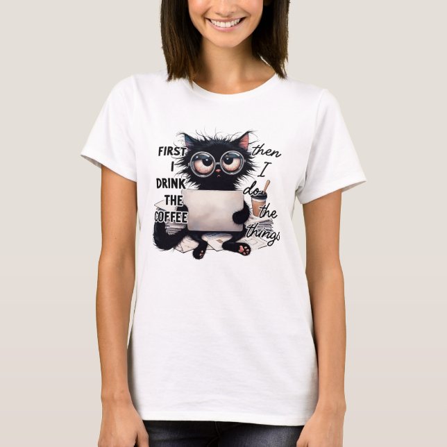 CAMISETA GATO PRETO ENGRAÇADO NO COMPUTADOR (Frente)