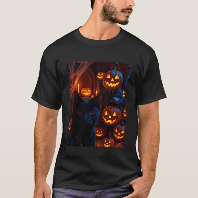 Camiseta Gato Preto Engraçado Selfie com Abóbora de Jack O  (Frente)