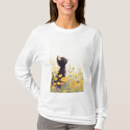 Camiseta Gato Preto Entre as Flores