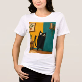Camiseta Gato Preto Espiando ao Redor do Canto Fofo e Capri
