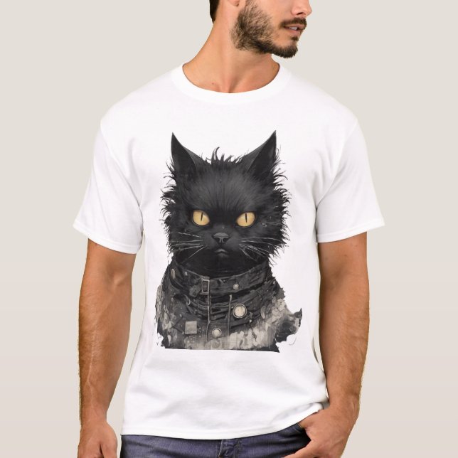 Camiseta Gato Preto Estático com Olhos Ouros (Frente)