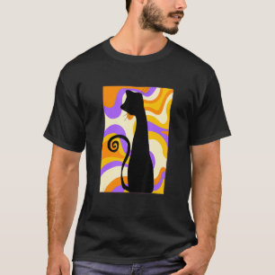 Camiseta Gato Preto Estilo Funky dos Anos 60 Fundo Colorido