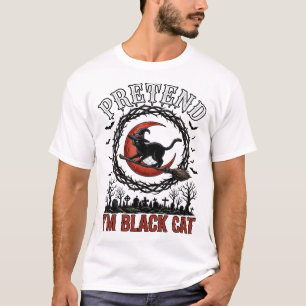 Camiseta Gato Preto Falso Chapéu de Bruxa de Halloween Lua