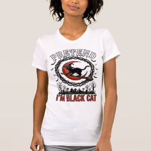 Camiseta Gato Preto Falso Chapéu de Bruxa de Halloween Lua
