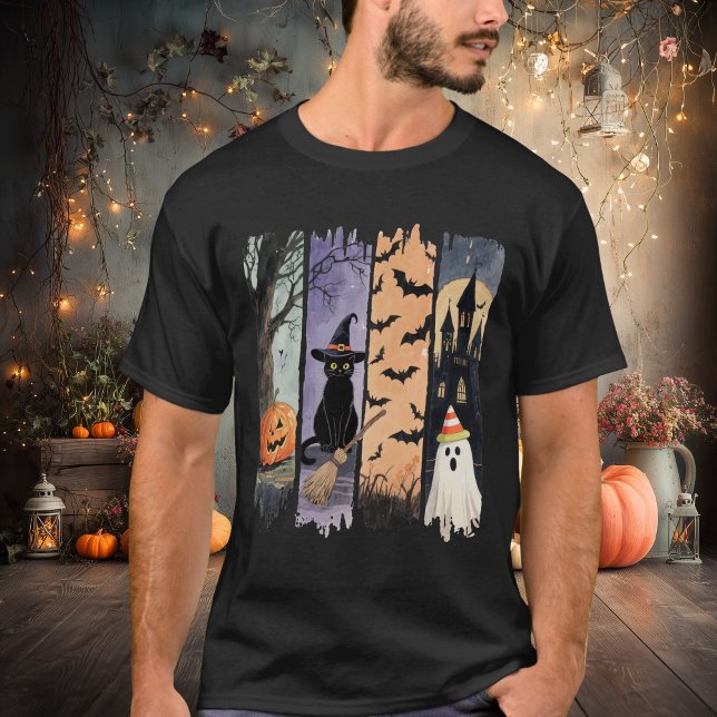 Camiseta Gato Preto, Fantasma, Abóbora, Morcegos e Casa Ass (Criador carregado)