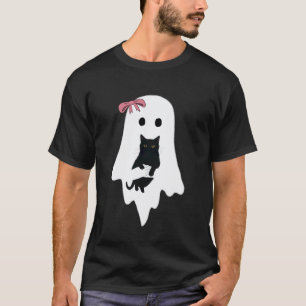 Camiseta Gato Preto Fantasma Fofo Laço Rosa Engraçado Vinta