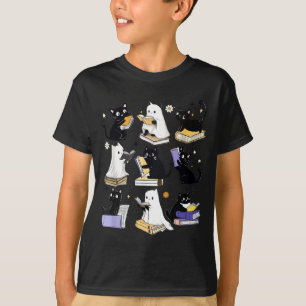 Camiseta Gato Preto Fantasma Fofo Lendo Livros Assustador