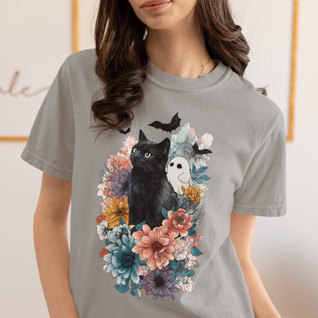 Camiseta Gato Preto Fantasma Halloween floral (Criador carregado)