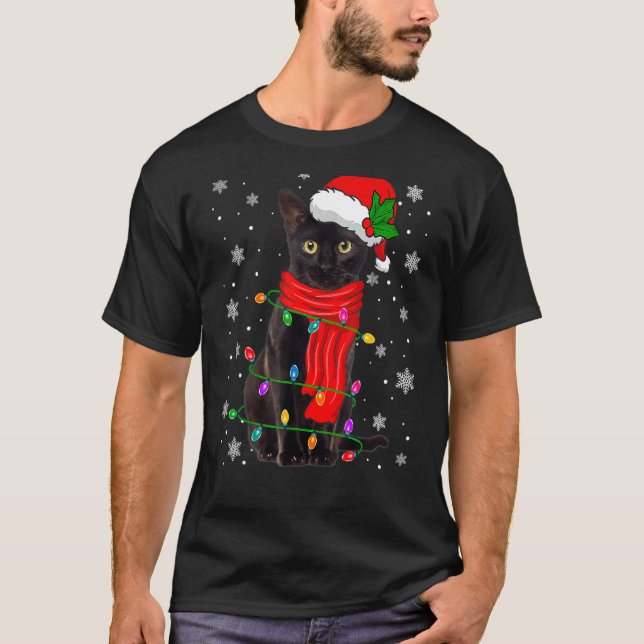 Camiseta Gato Preto Feio do Natal Chapéu e Cachecol de Nata (Frente)