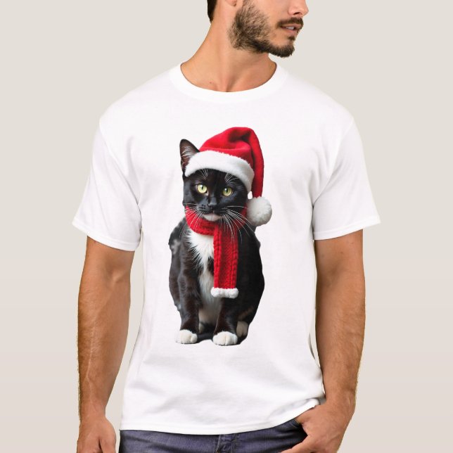 Camiseta Gato Preto Feio do Natal Chapéu e Cachecol de Papa (Frente)
