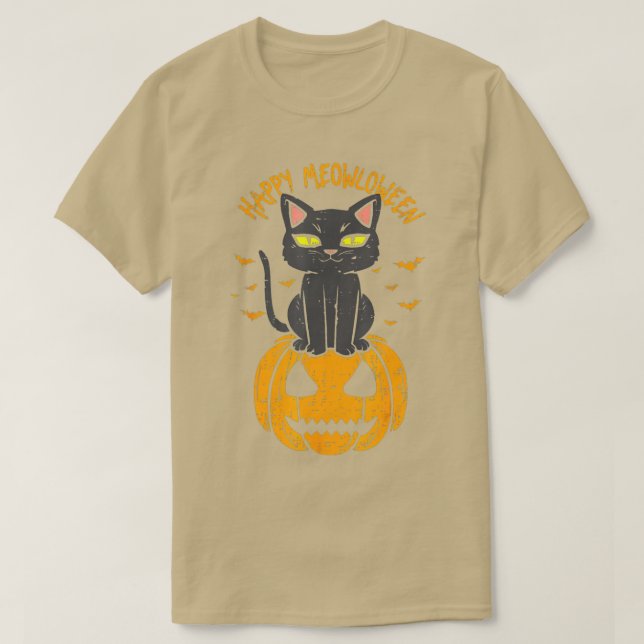 Camiseta Gato Preto Feliz E Meowloween Na Pumpkin Full Moon (Frente do Design)