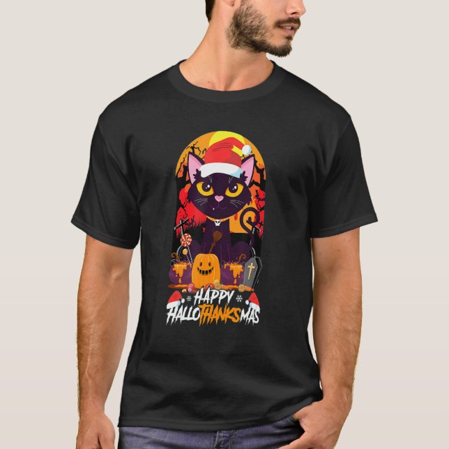 Camiseta Gato Preto Feliz Hallothankmas Gato (Frente)