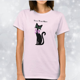 Camiseta Gato Preto Feminino Bonito Olhos Verdes Laço Rosa