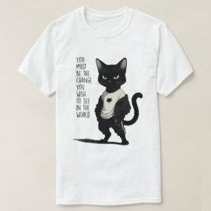 Camiseta Gato Preto Feroz Seja a Mudança Citação - Inspiraç