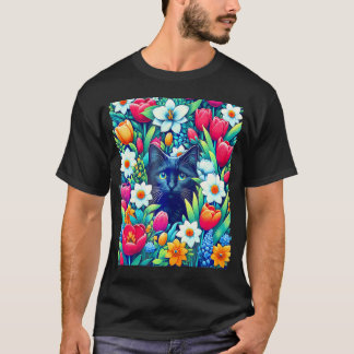 Camiseta Gato Preto Floral Cuja Boca Esconde-Se Na Flor Pri