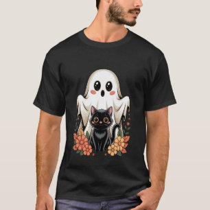 Camiseta Gato Preto Floral Fantasma Retro Fofo Halloween As