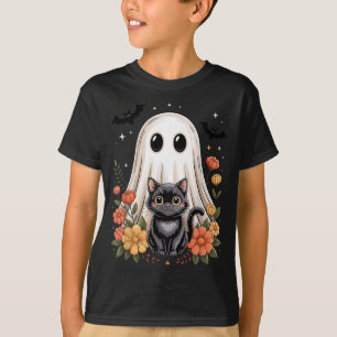 Camiseta Gato Preto Floral Vintage Fantasma Halloween Assus