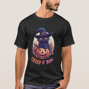 Camiseta Gato Preto Fofo Abóbora Creep It Real Lua Cheia Ha