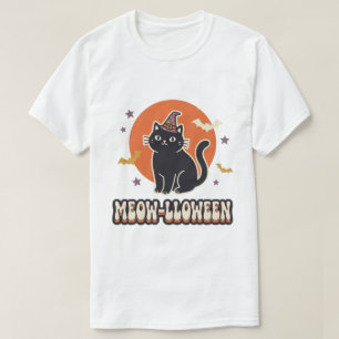 Camiseta Gato Preto Fofo Arte de Chapéu de Bruxa Retro Meow