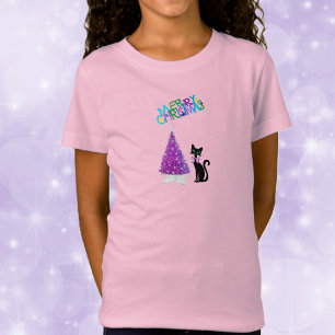 Camiseta Gato preto fofo Árvore de Natal rosa brilhante Fel