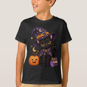 Camiseta Gato Preto Fofo Bruxa Abóbora Halloween Chapéu Ass