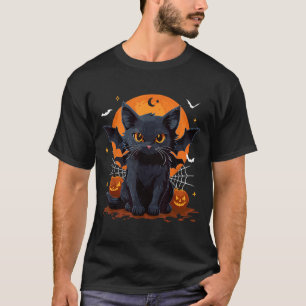 Camiseta Gato Preto Fofo Com Asas de Morcego Abóbora Mulher