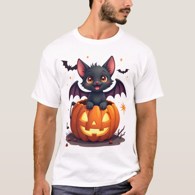 Camiseta Gato Preto Fofo Com Asas de Morcego Jack O Lantern (Frente)
