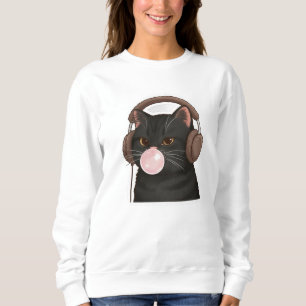 Camiseta Gato Preto Fofo com Fones de Ouvido Soprando Chicl