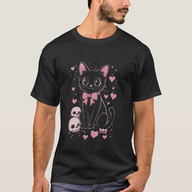 Camiseta Gato Preto Fofo com Laço - Gótico (Frente)