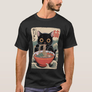 Camiseta Gato Preto Fofo Comendo Macarrão em Tigela Japones