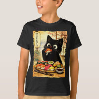 Gato preto fofo comendo sushi comida japonesa kawa