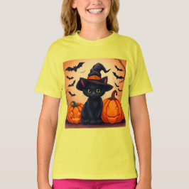 Camiseta Gato Preto Fofo de Chapéu de Bruxa Cercado por Abó