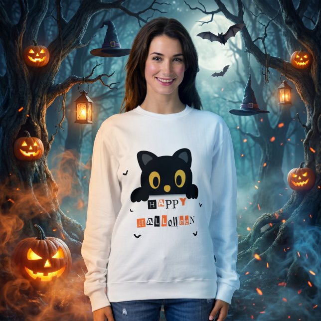 Camiseta Gato Preto Fofo de Halloween (Criador carregado)
