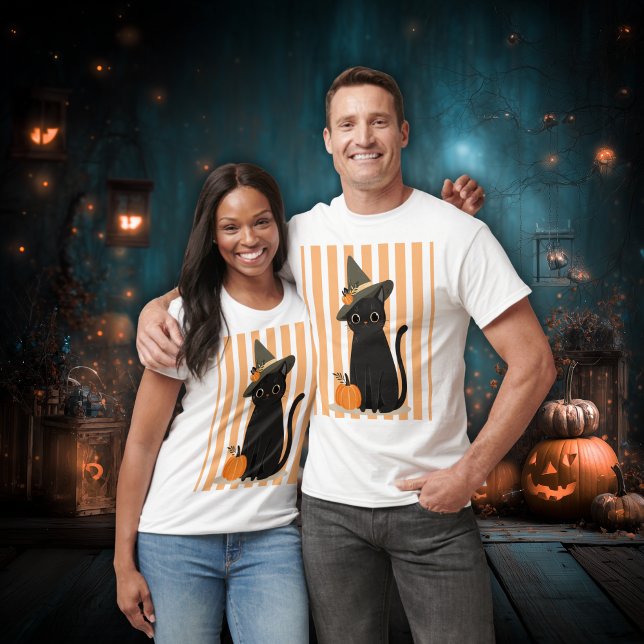 Camiseta Gato Preto Fofo de Halloween com Chapéu de Bruxa e (Criador carregado)