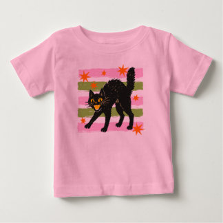 Camiseta Gato Preto Fofo de Halloween com Listras Rosa e Ve