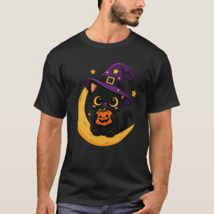 Camiseta Gato Preto Fofo de Halloween na Lua Crescente com