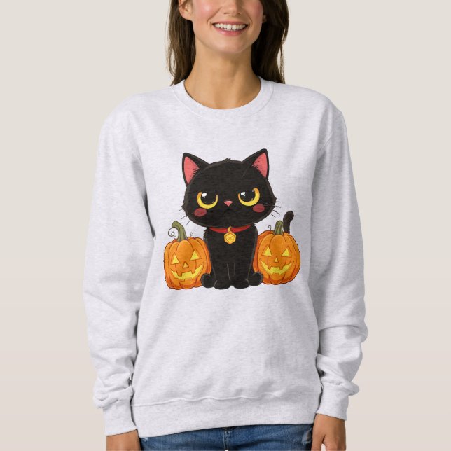 Camiseta Gato Preto Fofo e Abóboras de Halloween (Frente)