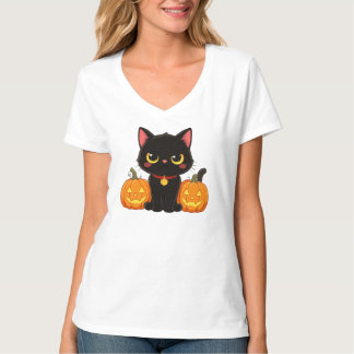 Camiseta Gato Preto Fofo e Abóboras Halloween