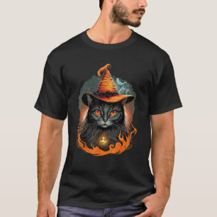 Camiseta Gato Preto Fofo e Sinistro Vestindo um Chapéu de B
