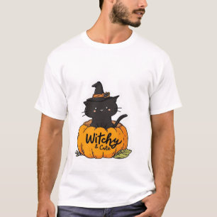 Camiseta Gato preto fofo em abóbora com chapéu de bruxa, es